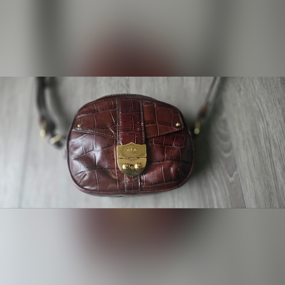 Vintage Brown Lauren Ralph Lauren Croc Embossed Leather Crossbody Gold Hardware - Picture 2 of 16